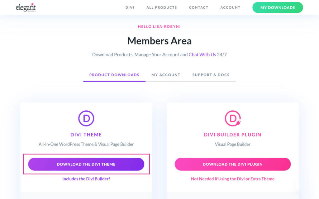 Download Divi theme from Elegant Themes Members Area