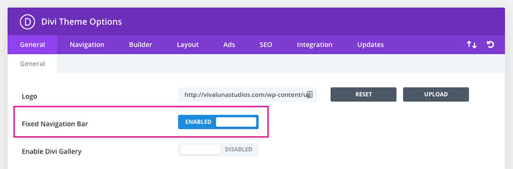 Divi Theme Options enable or disable fixed navigation bar