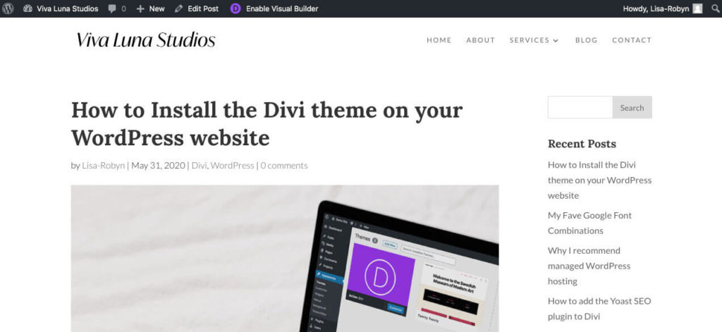 Divi blog post layout with sidebar line removed