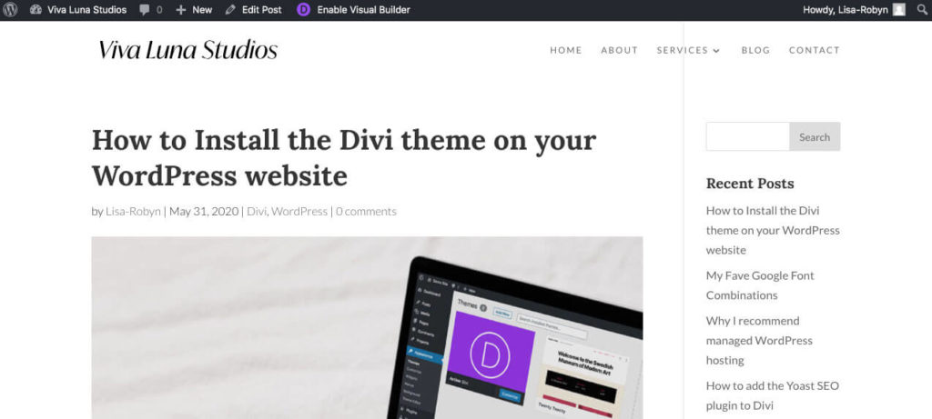 Divi blog post layout with sidebar line visible